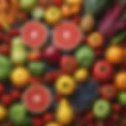 A vibrant assortment of fresh fruits and vegetables arranged beautifully on a table