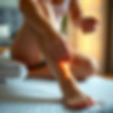 An individual applying heat therapy to their legs