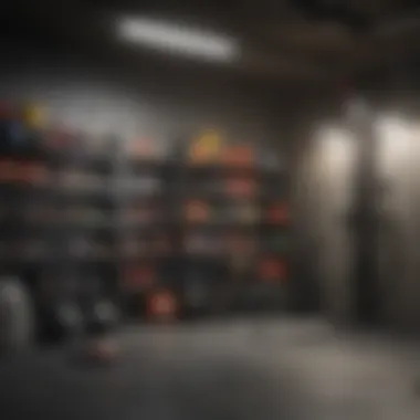 Creative storage solutions for gym equipment in a basement.