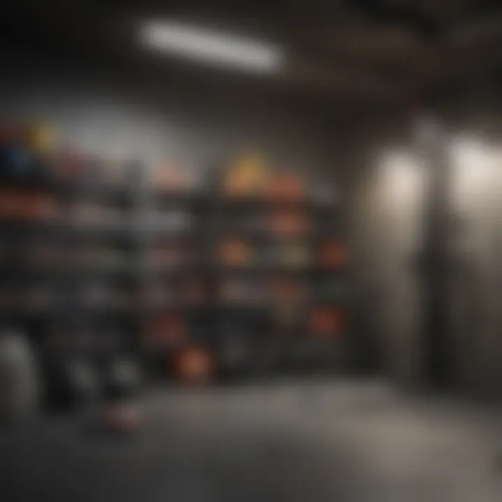 Creative storage solutions for gym equipment in a basement.