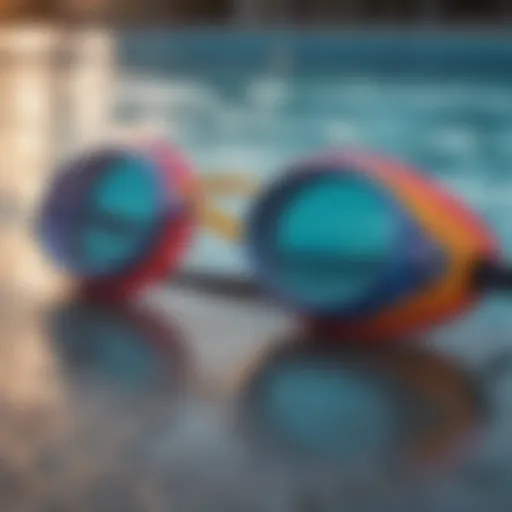 Colorful swimming goggles displayed on a poolside