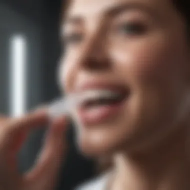 Person applying teeth whitening strips in mirror reflection