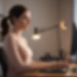 A woman demonstrating proper posture while sitting at a desk with a laptop.