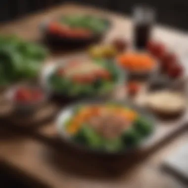 Fresh vegetables and lean proteins arranged on a wooden table