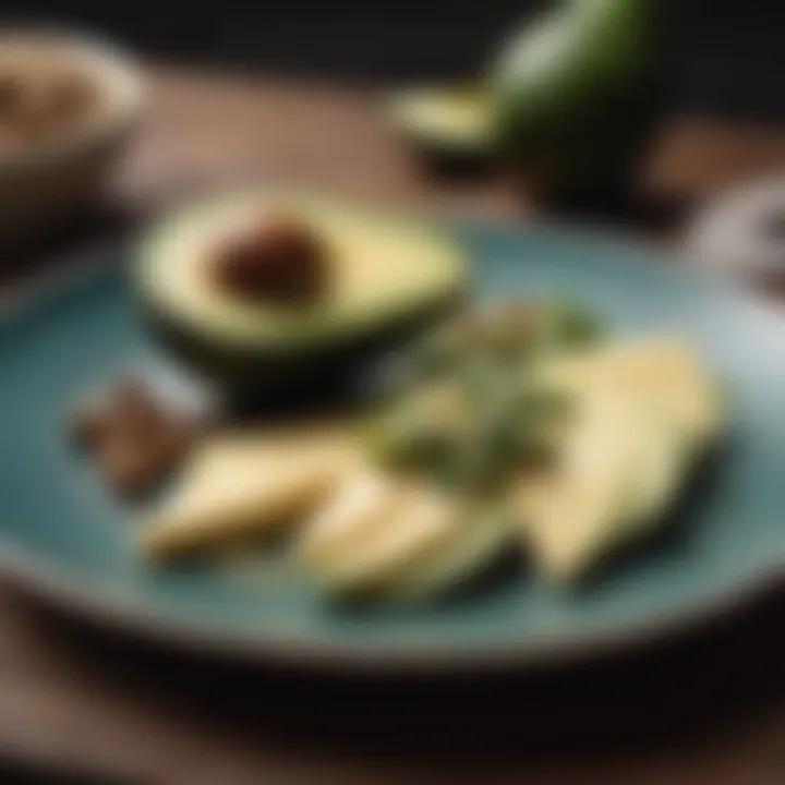 An elegant plate featuring avocados and cheese