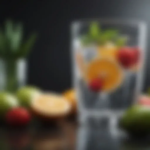 Refreshing glass of water surrounded by fresh fruits