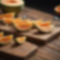 Fresh cantaloupe slices on a wooden table