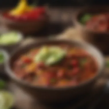 A vibrant bowl of chili garnished with herbs