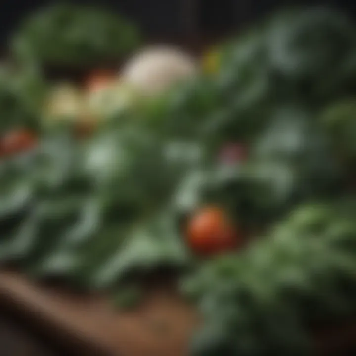 A chef's selection of fresh vegetables including collard greens