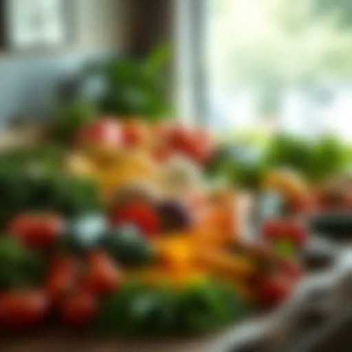 Colorful array of fresh vegetables arranged artfully on a wooden table