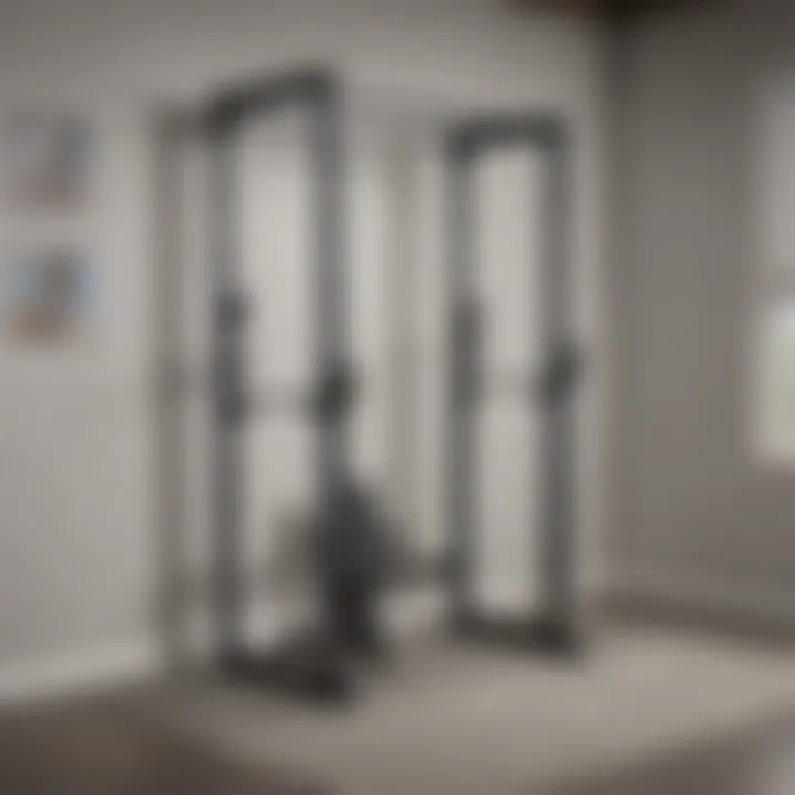 Demonstration of a wall mounted folding squat rack in use, highlighting functionality