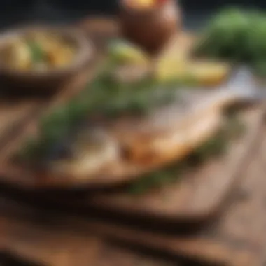 Succulent Grilled Fish Infused with Aromatic Herbs Sizzling grilled fish with lemon and herbs