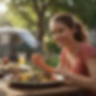 A person enjoying a meal outdoors with a look of satisfaction and happiness.