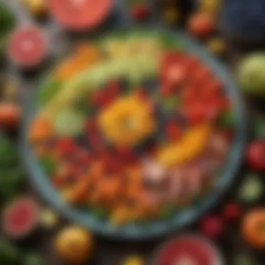 Colorful Nutrient-Dense Plate A vibrant plate of colorful fruits and vegetables arranged artfully.
