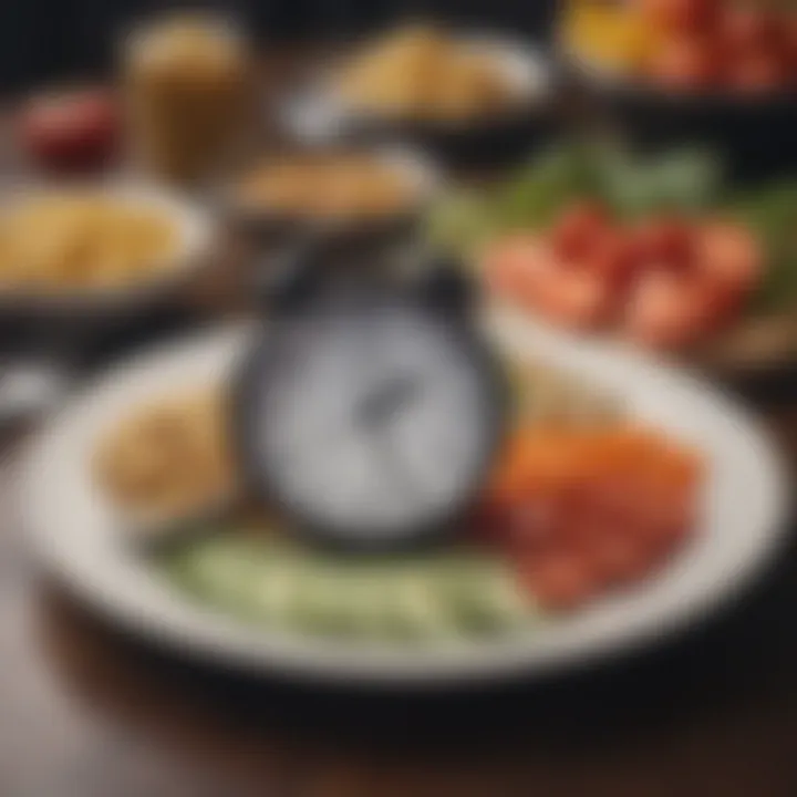 A clock showing various meal times alongside healthy food options.