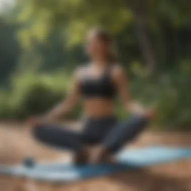 A serene outdoor setting for exercising with yoga mats and weights