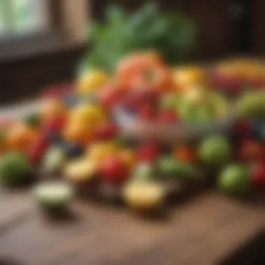 Colorful array of fresh fruits and vegetables on a wooden table