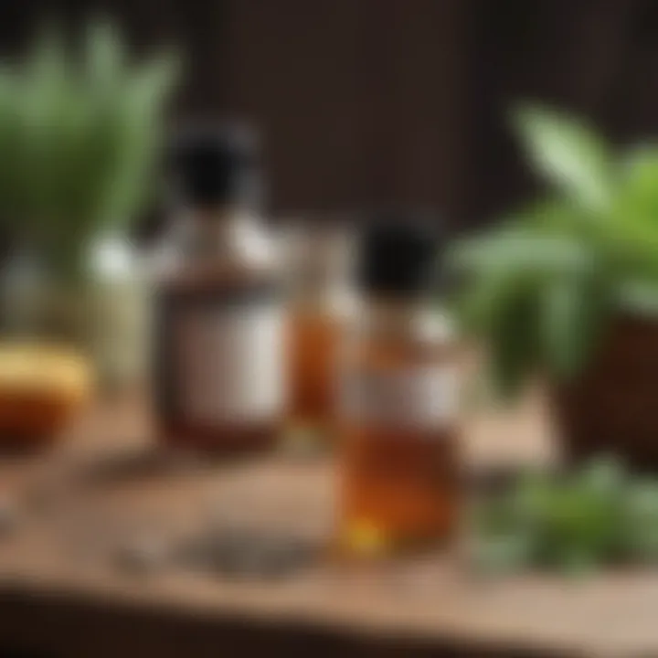 An array of herbal remedies displayed on a wooden table.