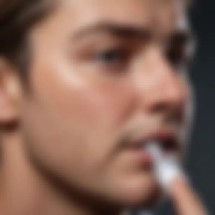 A close-up of a person using a saline nasal spray to relieve congestion.