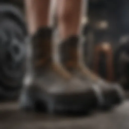 Close-up of durable weight lifting boots showcasing their construction materials