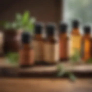 Bottles of essential oils displayed on a wooden table