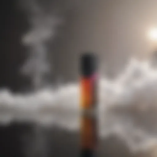 A close-up view of a Juul device with vapor clouds in the background.