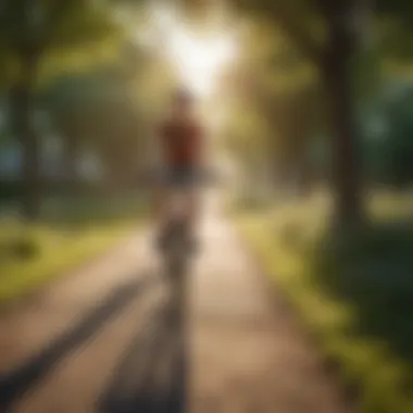 A joyful moment of a young person enjoying a bicycle ride in a serene park.