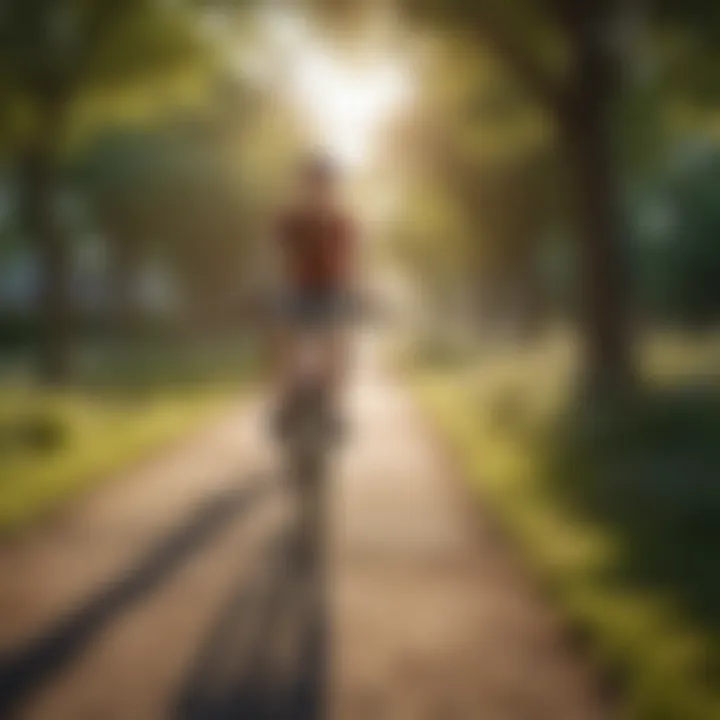 A joyful moment of a young person enjoying a bicycle ride in a serene park.