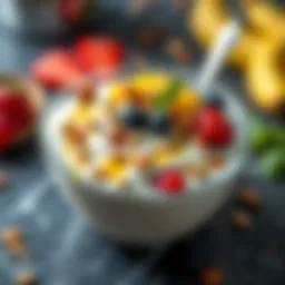 A vibrant bowl of Greek yogurt topped with fresh fruits and nuts