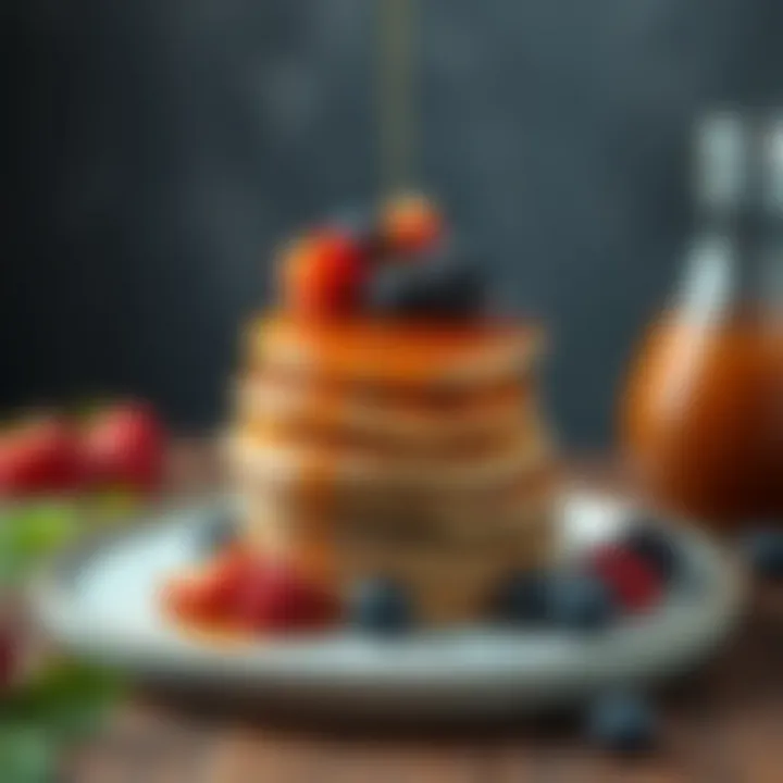 A stack of protein pancakes garnished with maple syrup and berries