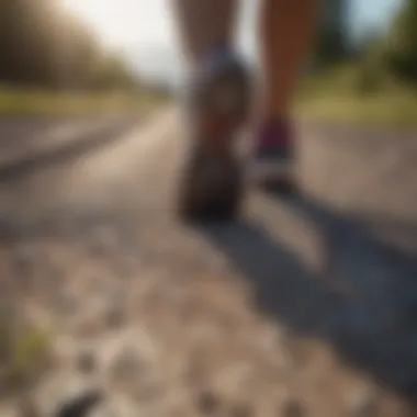 Essential Gear for Jogging Close-up of running shoes on a gravel path, emphasizing jogging equipment.