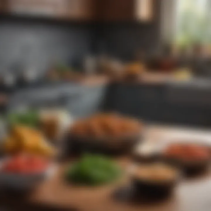 A well-organized kitchen featuring healthy ingredients and meal prep containers.