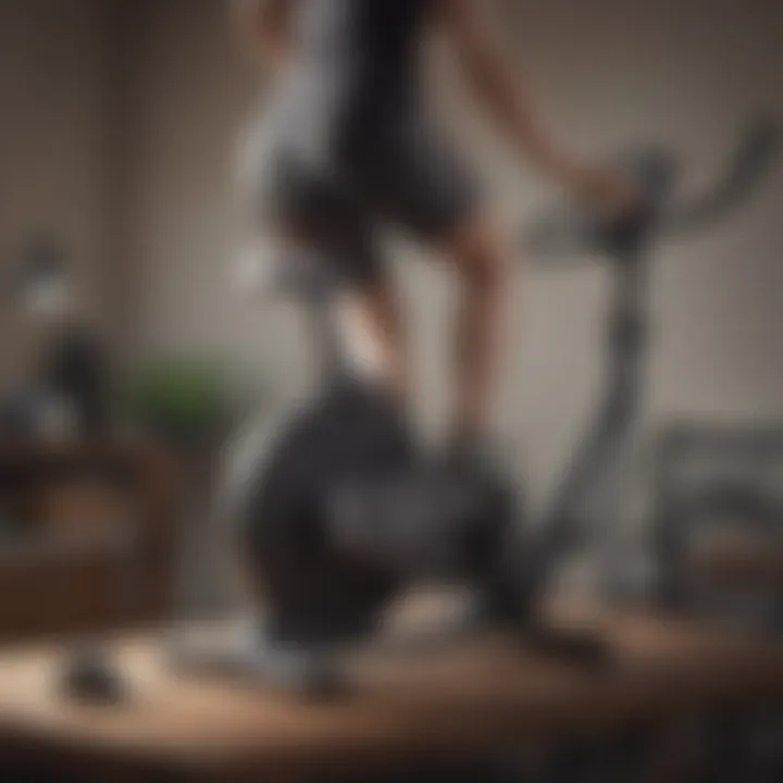 A close-up view of a person engaging with an exercise bicycle desk while working.