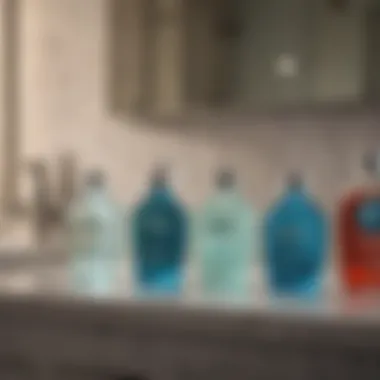 A vibrant display of various mouthwash formulations on a bathroom countertop.