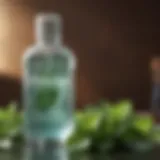 A close-up view of a mouthwash bottle surrounded by fresh mint leaves.