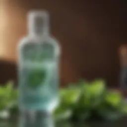 A close-up view of a mouthwash bottle surrounded by fresh mint leaves.