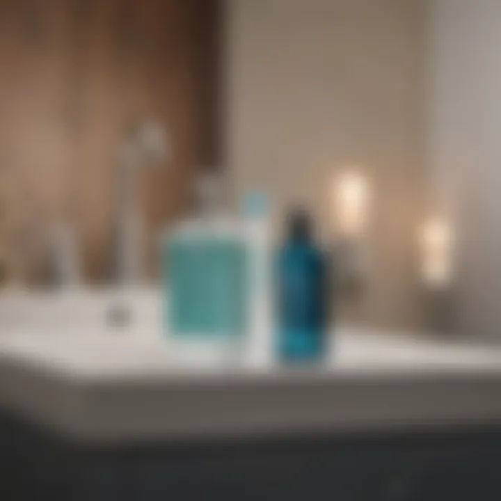 A serene bathroom scene highlighting oral care products, including mouthwash.