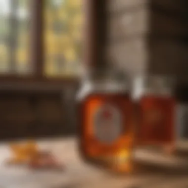 Pure Maple Syrup Jar A jar of maple syrup with a rustic background.