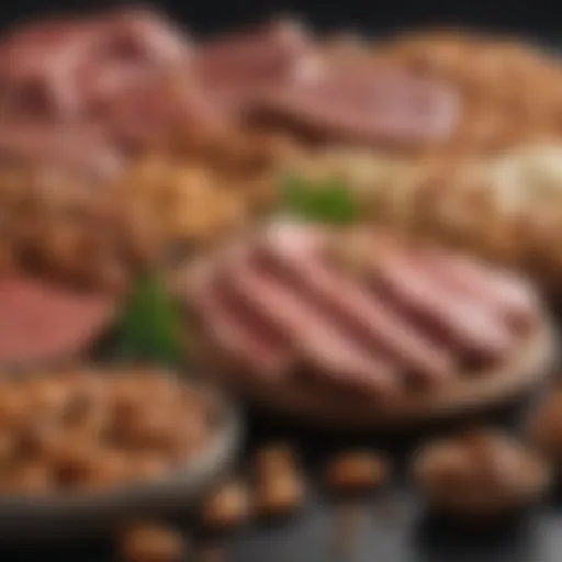 A vibrant assortment of high protein food sources including lean meats and nuts