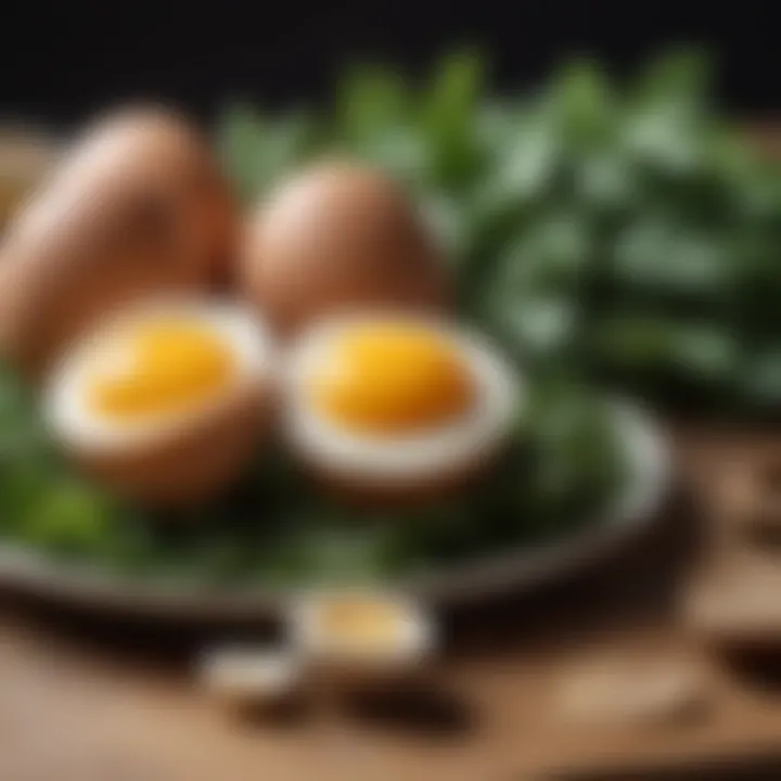 A close-up of eggs served alongside leafy greens and whole grains