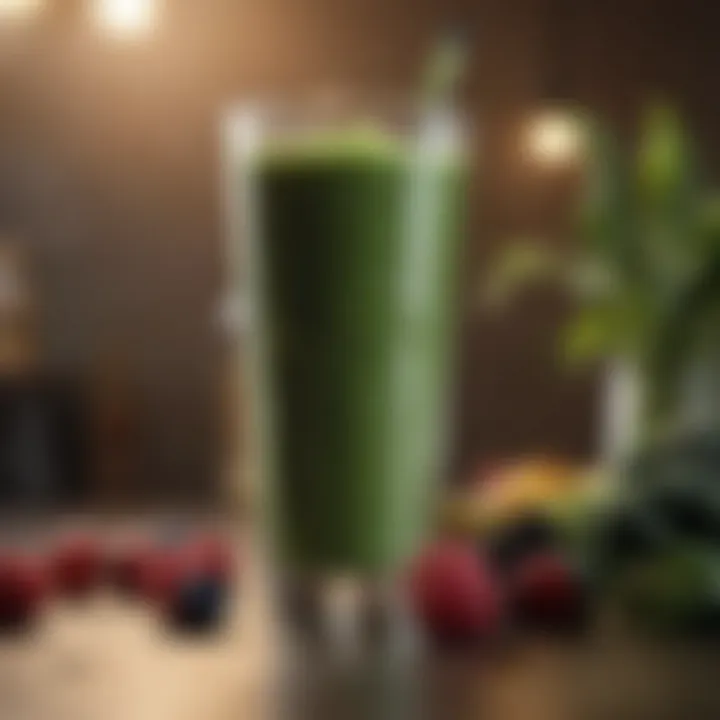 A smoothie made with leafy greens, protein powder, and fruit in a glass