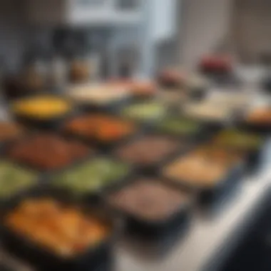 A well-organized meal prep setup featuring portioned meals in containers