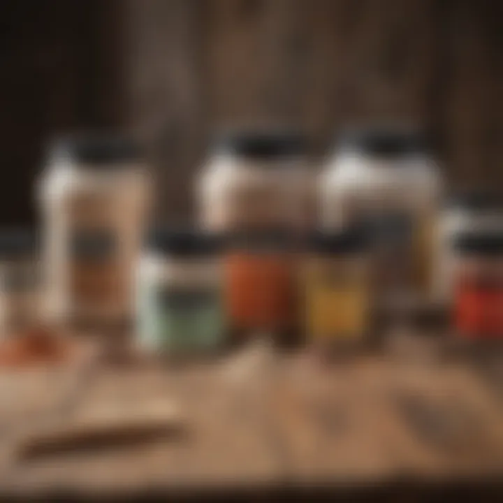 An assortment of protein powders in various containers on a wooden table