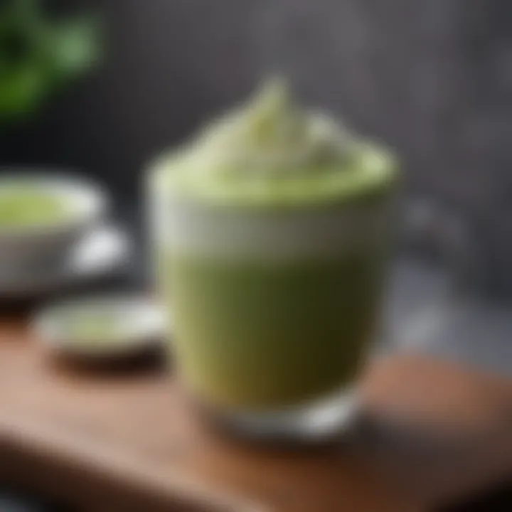 Close-up of a matcha latte with frothy foam and a sprinkle of matcha on top