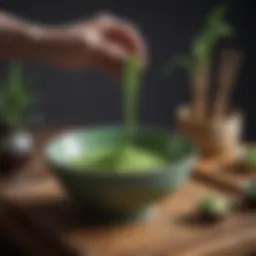 Matcha powder in a vibrant green bowl with a bamboo whisk
