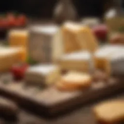 A variety of cheese types displayed on a rustic wooden board