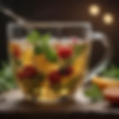 A close-up of a refreshing herbal tea infusion with fresh herbs and fruits