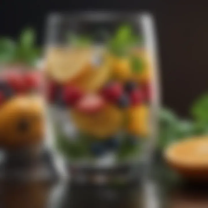 A glass of water infused with colorful fruits and herbs, promoting hydration