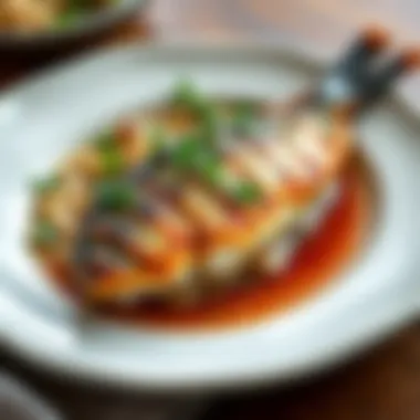 Grilled Fish Dish with Herbs An elegant dish presenting grilled fish garnished with fresh herbs