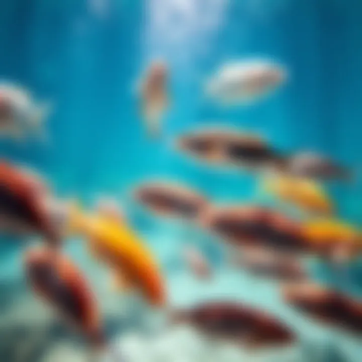 Underwater Scene of Protein-Rich Fish A beautiful underwater scene featuring various protein-rich fish swimming